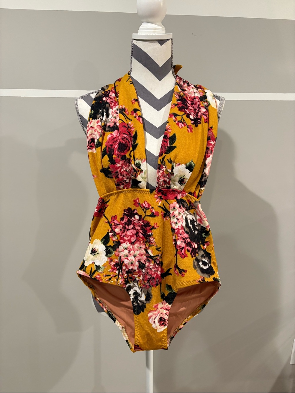 Mustard Floral Plunge One-Piece Swimsuit
